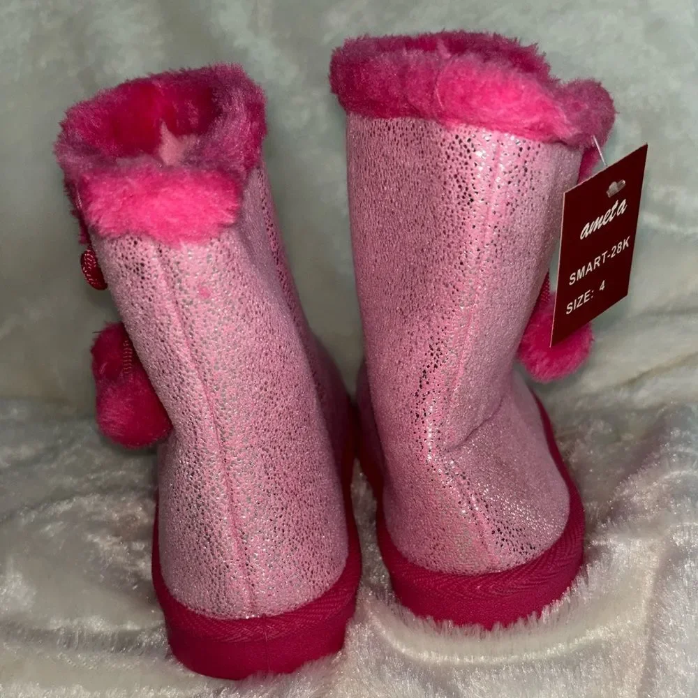 Ameta Pink Sparkly Faux Fur Plush Boot Size Youth 4 NIB